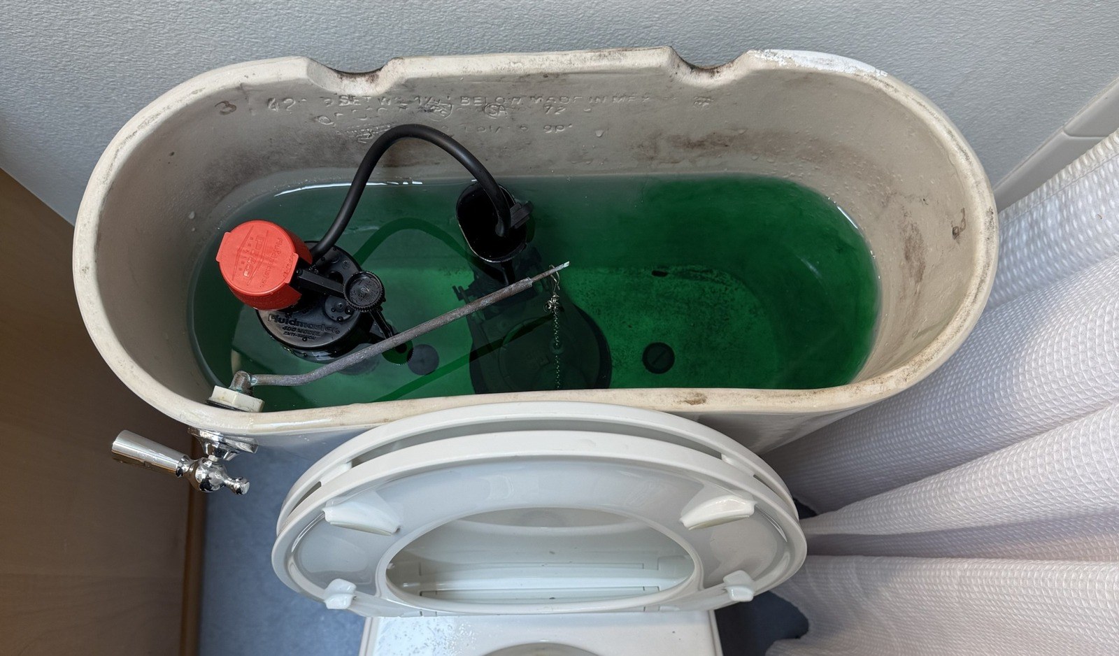 Open two-piece toilet tank filled with green dye-test water, showing a new fill valve with a red cap, the flapper chain and the chrome trip lever, with the tank lid resting on the closed seat